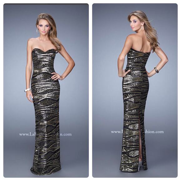 La Femme 21155 Fitted Maxi Gold & Black Strapless Gown - Picture 9 of 10
